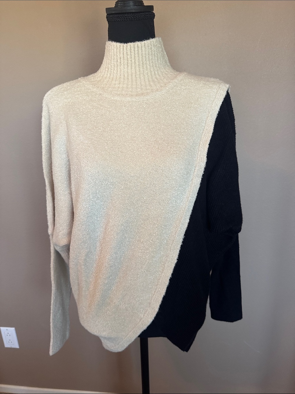 Elan Cream and Black Asymmetrical Colorblock Turtleneck Sweater